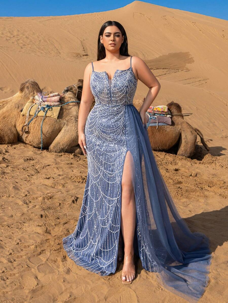 SD3247 Split-Thigh Beaded Mermaid Cami Gown – Stunning Dresses