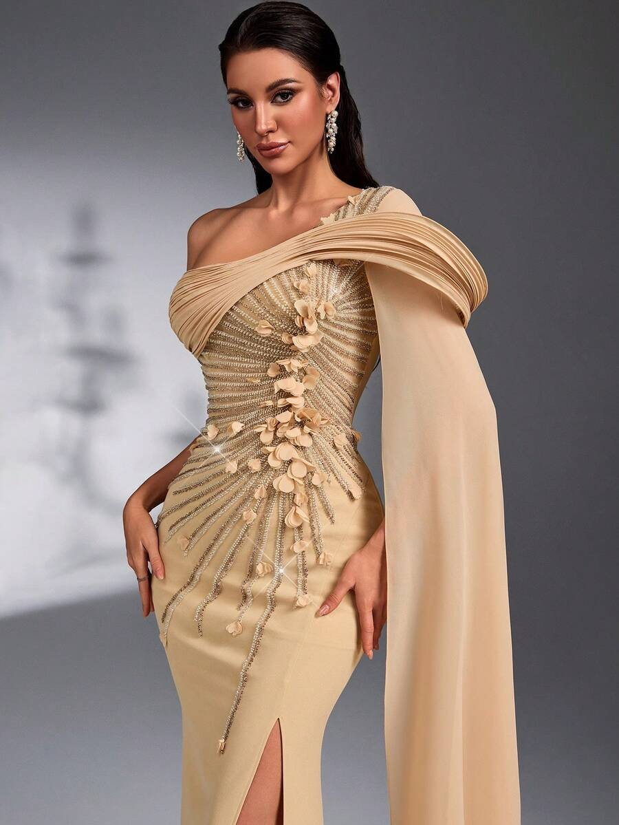 dresses runway luxury SD3174 Asymmetric Sequin 3D Floral Gown – Stunning The coordinated separates offer Christmas: thanksgiving Colour:Ocre Wedtrend Women Light Green