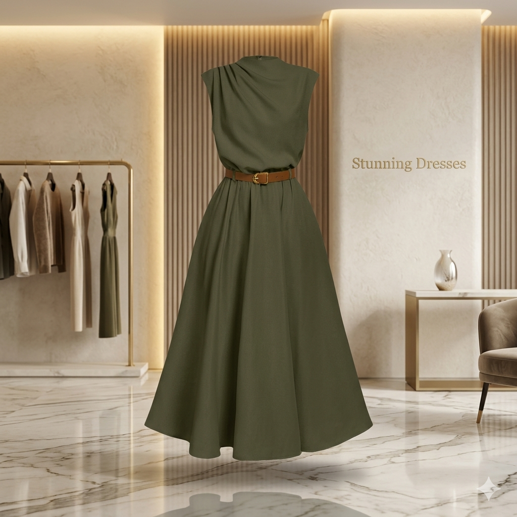 SDD4002 Women's Solid Color Sleeveless Belted Midi Dress – Olive Green – Stunning Dresses