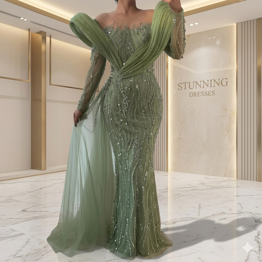 SDE5021 Elegant Beaded Sage Green Evening Dress Gown with Flowing Hem – Stunning Dresses