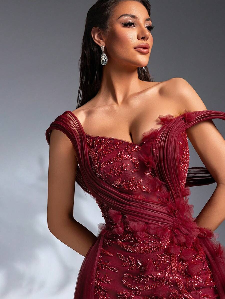 SD3173 Luxury Burgundy 3D Floral Trailing Gown – Stunning Dresses