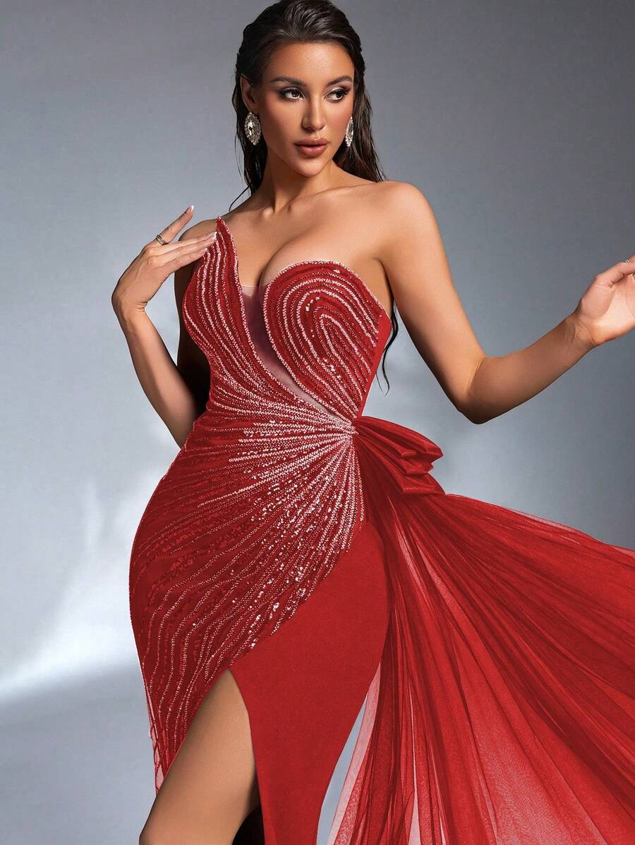 sequin bustier dress Print Fitted Slit Gown by Ladivine CM334 and birthdays. SD3180 Red Asymmetric Bustier Sequin