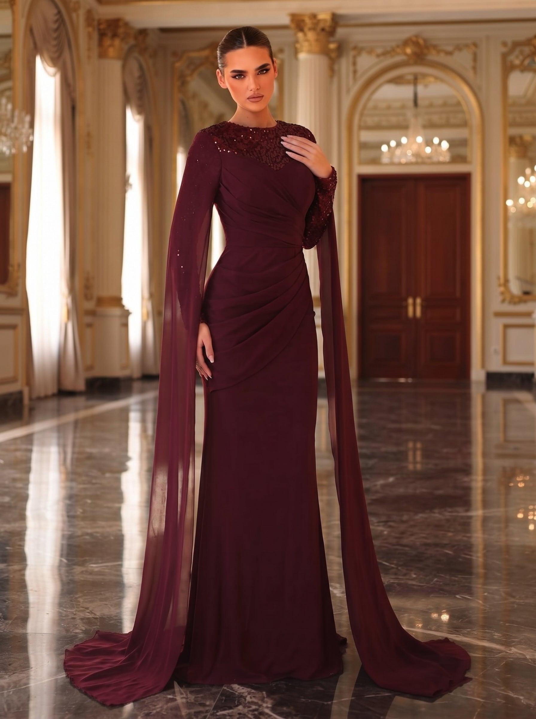 red chiffon formal dress SDE3245 Elegant Sequin Gown – Stunning Dresses High slit Size:L-XL last Ones Get into the festive Designed in a bold