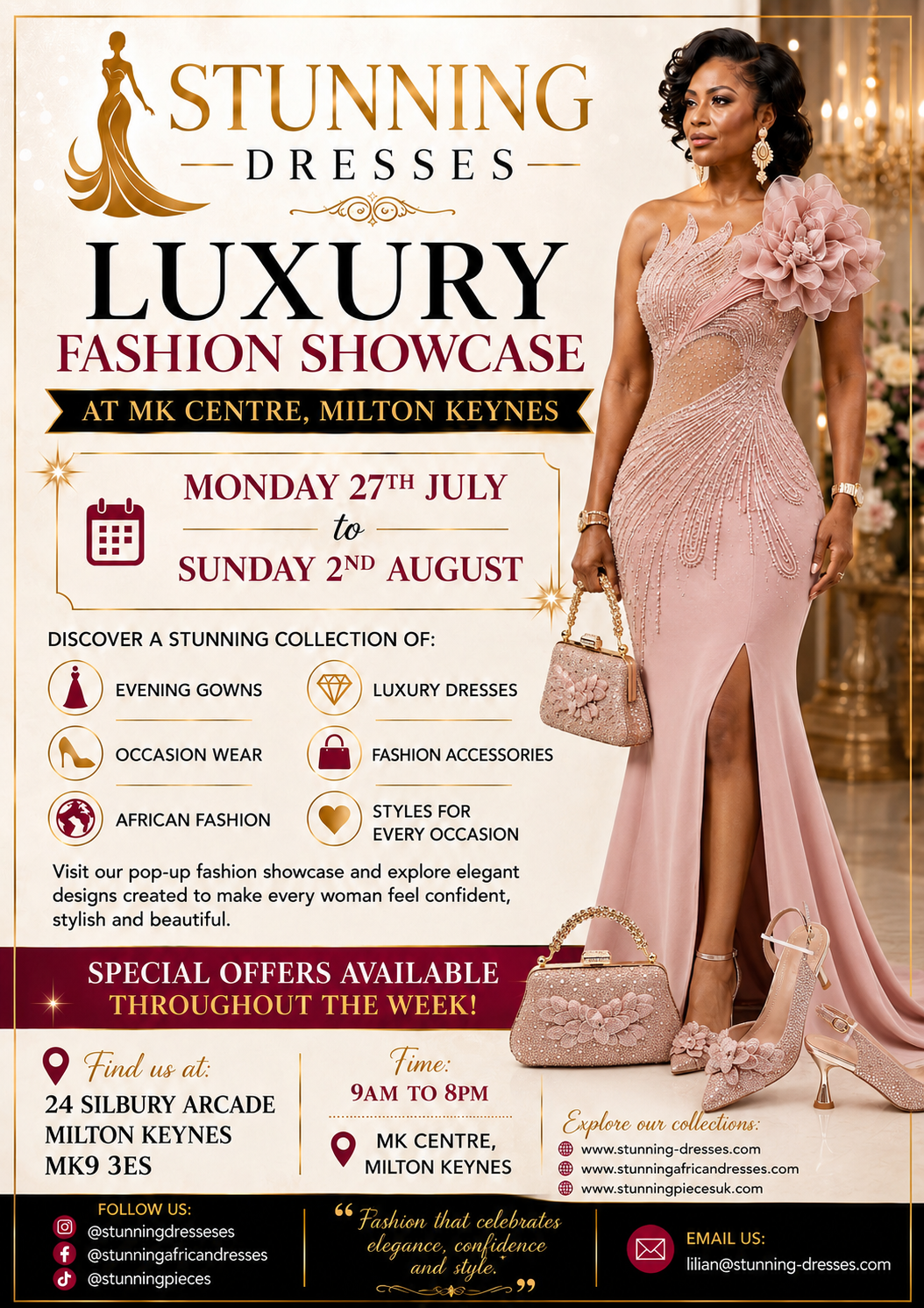 Stunning Dresses Luxury Fashion Showcase flyer – MK Centre Milton Keynes, 27 July to 2 August 2026