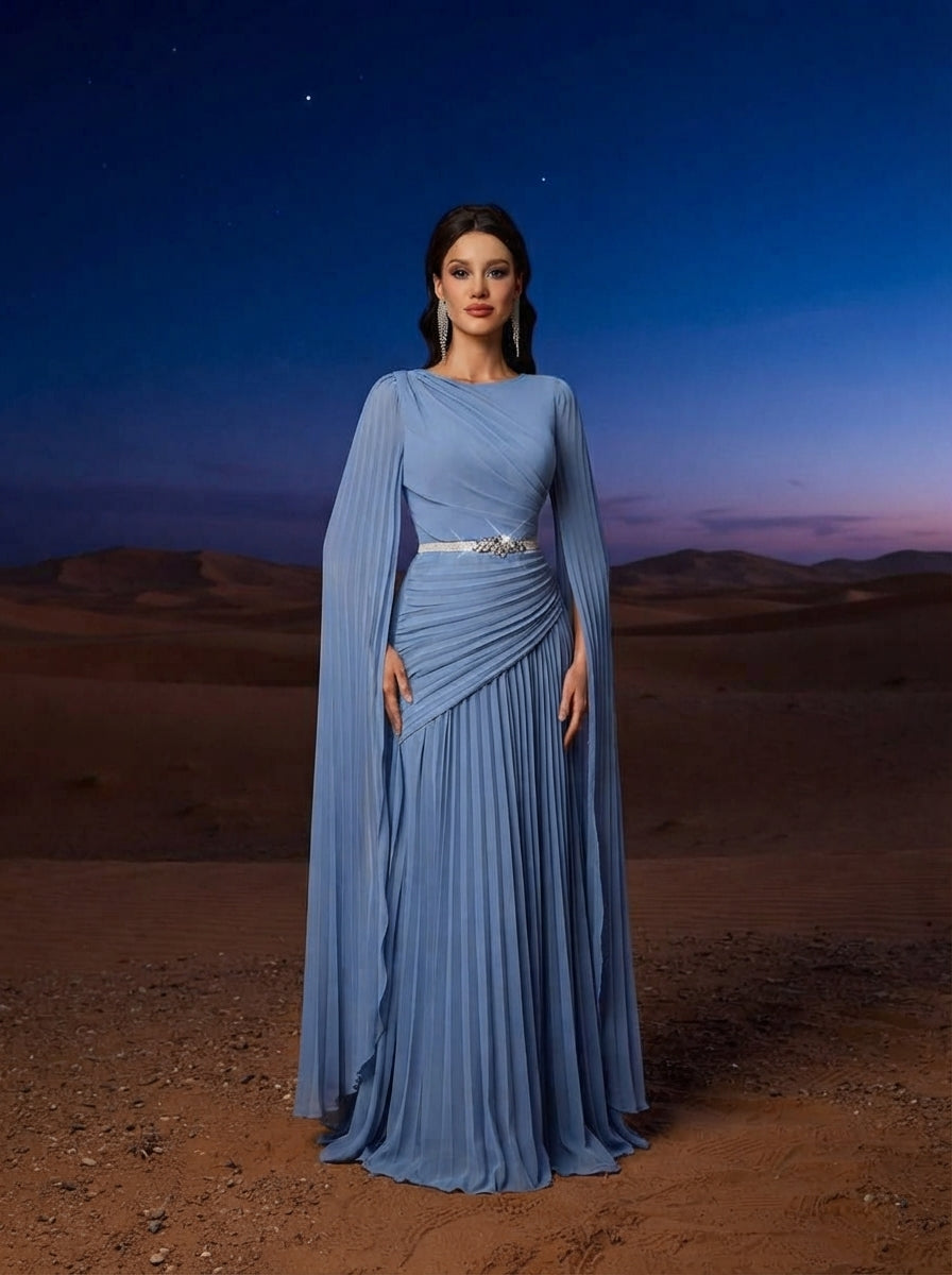 SDE3268 Blue Chiffon Pleated Evening Gown with Detachable Silver Belt