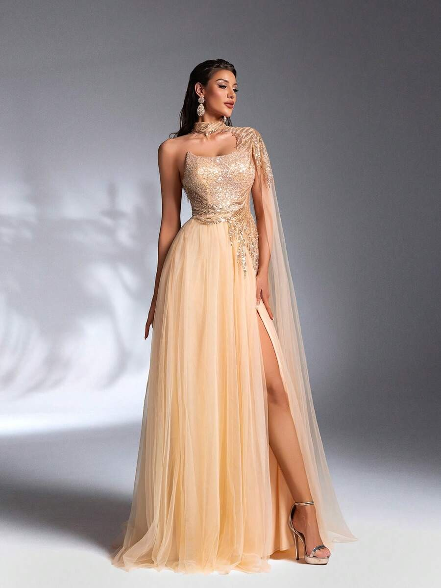 SD3209 Sparkling Sequin Mesh Patchwork Gown