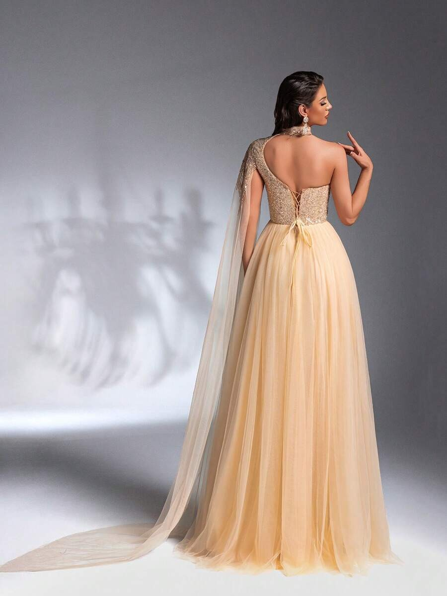 SD3209 Sparkling Sequin Mesh Patchwork Gown