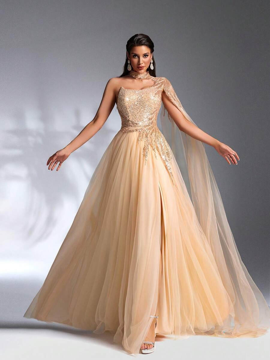 SD3209 Sparkling Sequin Mesh Patchwork Gown