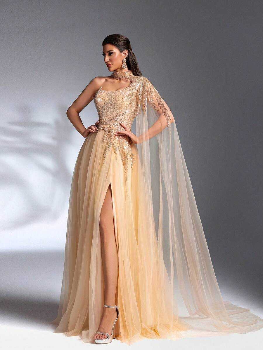 SD3209 Sparkling Sequin Mesh Patchwork Gown