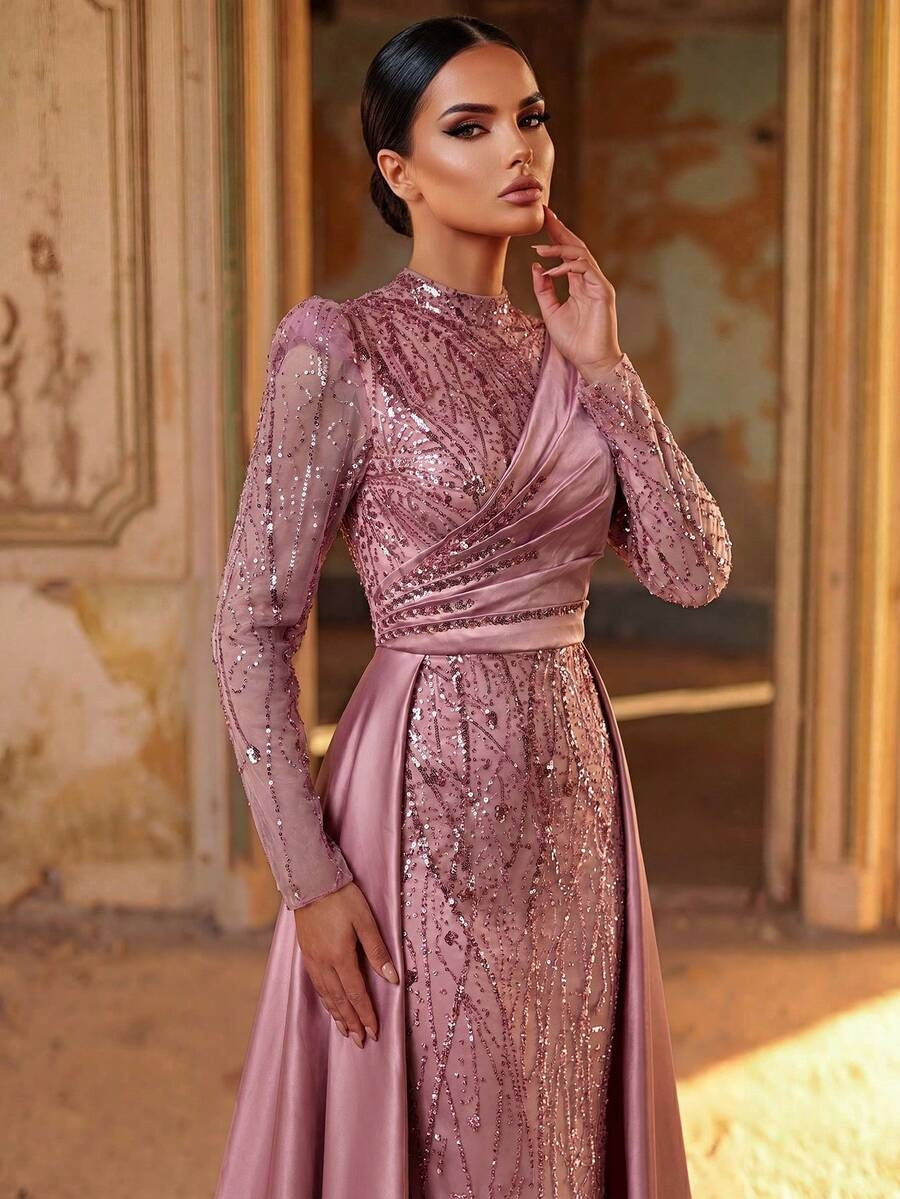 SDE3271 Luxury Beaded Embroidered Sequin Satin Fishtail Gown