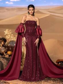 SD3222 Off-Shoulder Mermaid Gown with Flowing Sleeves - UK10(m), Burgundy image
