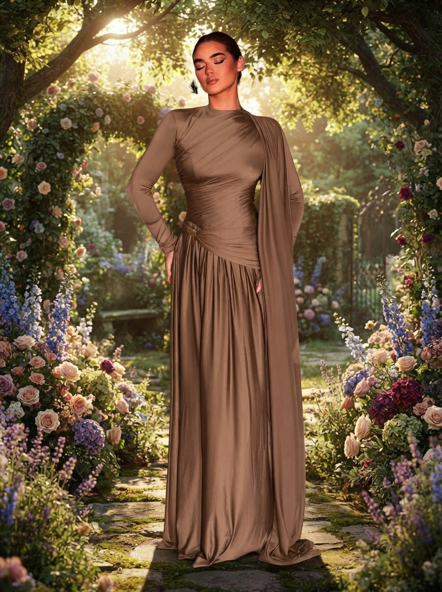 SDE3248 Mocha Grey-Brown Metallic Pleated Knit Evening Gown