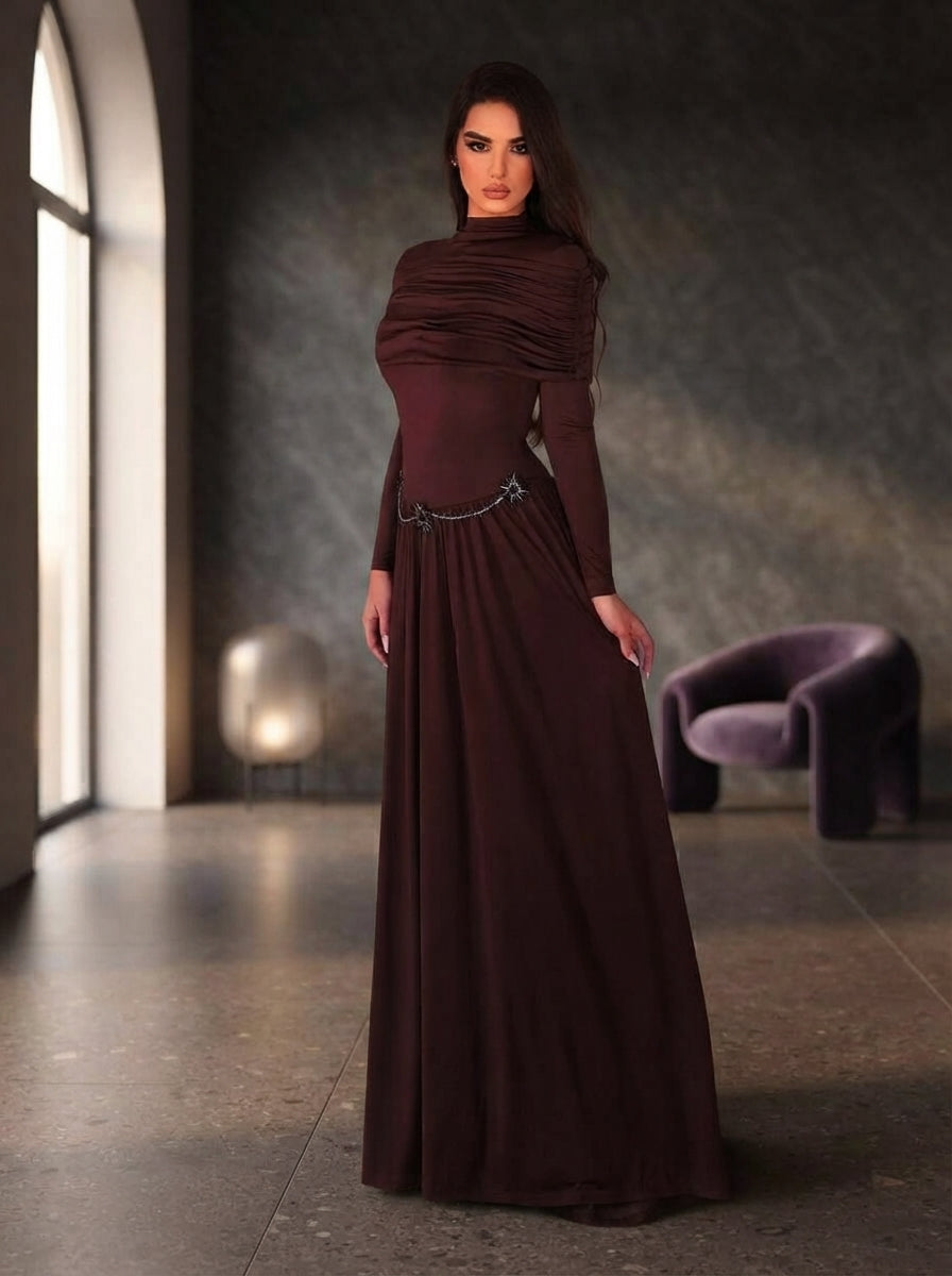 SDE3276 Deep Brown Stretch Knit Off-The-Shoulder Gown with Metallic Embellishments