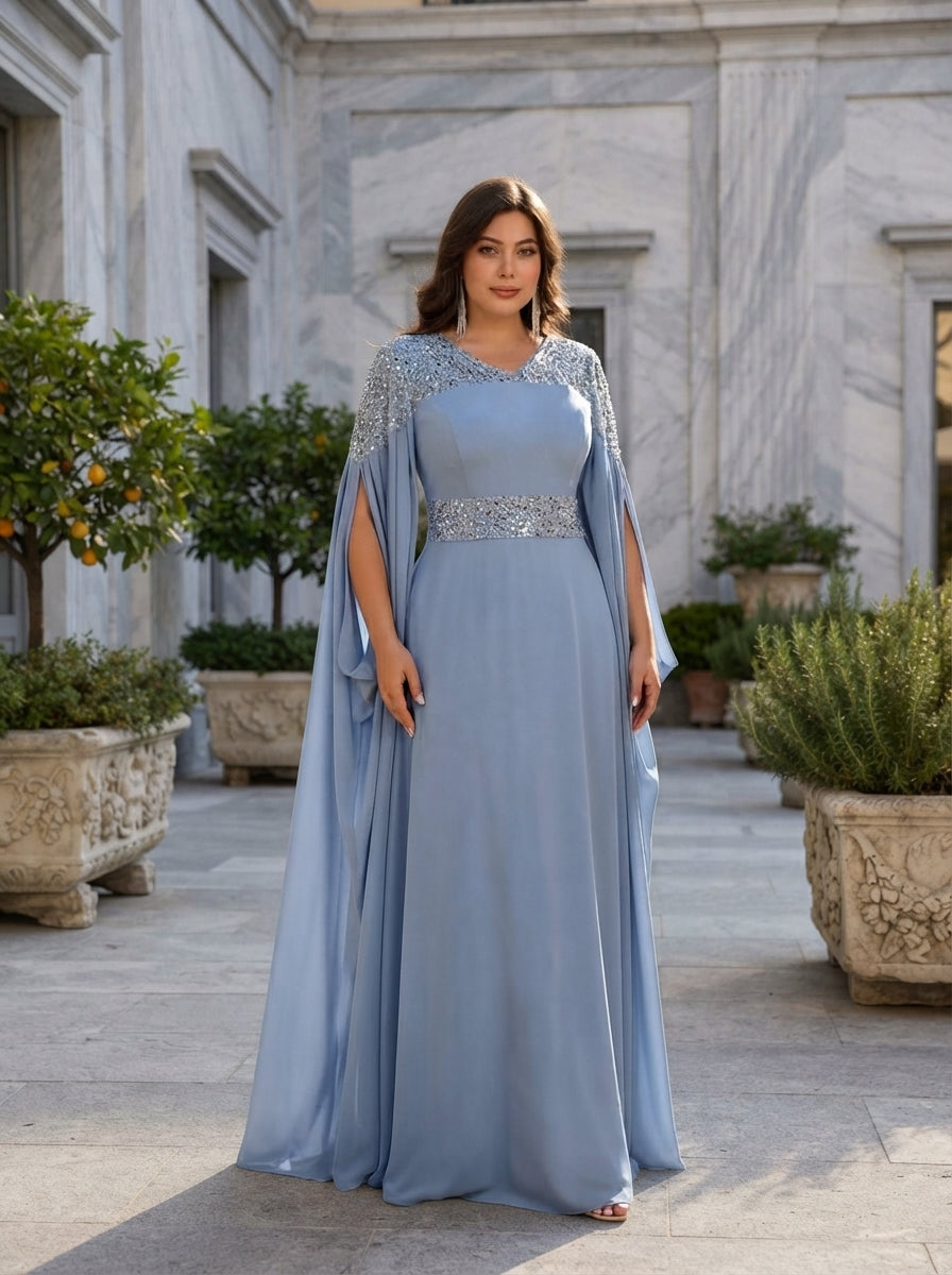 SDE3280 Plus Size Blue Sequin Asymmetrical A-Line Gown