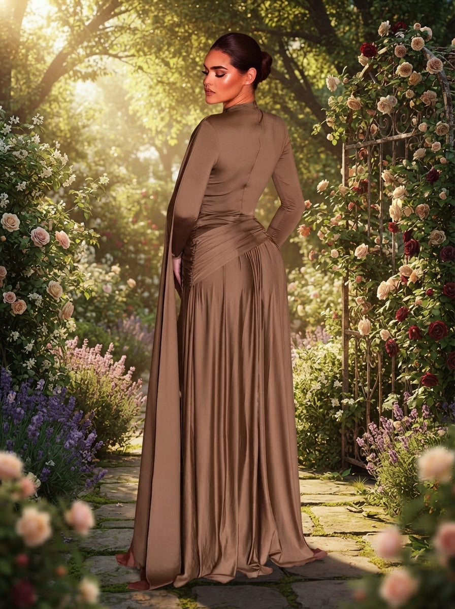 SDE3248 Mocha Grey-Brown Metallic Pleated Knit Evening Gown