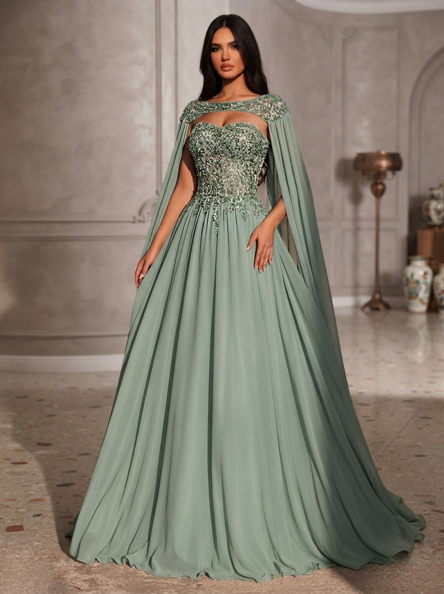 SDE3277 Luxury Pearl Beaded Heavily Embellished Chiffon Gown
