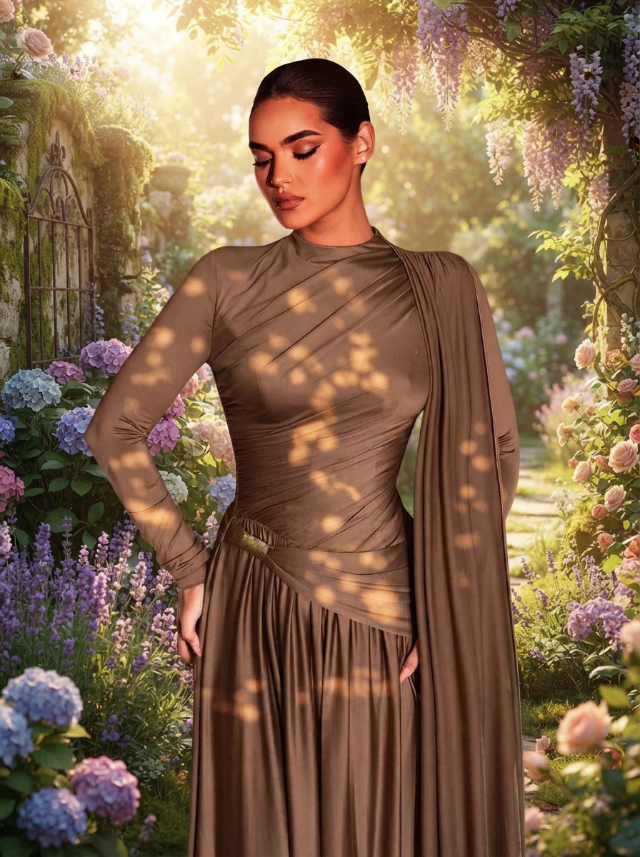 SDE3248 Mocha Grey-Brown Metallic Pleated Knit Evening Gown