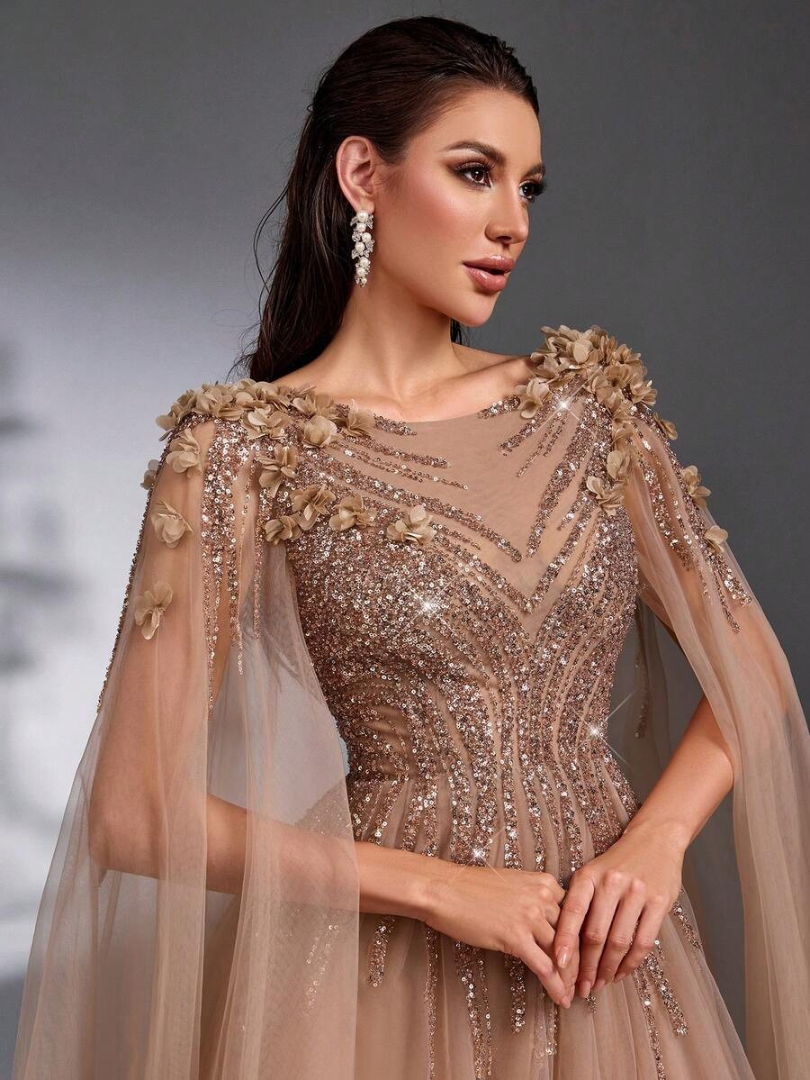 SD3175 Luxe Champagne Tulle Floral Gown
