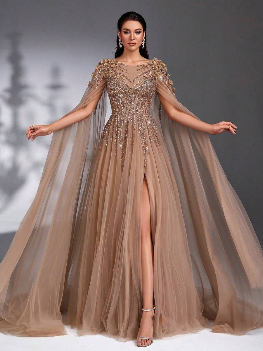 SD3175 Luxe Champagne Tulle Floral Gown