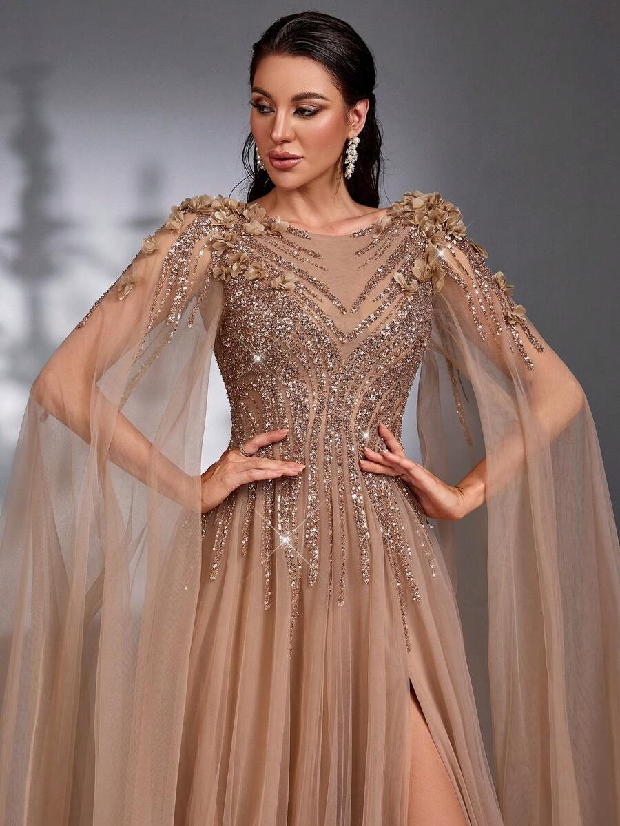 SD3175 Luxe Champagne Tulle Floral Gown