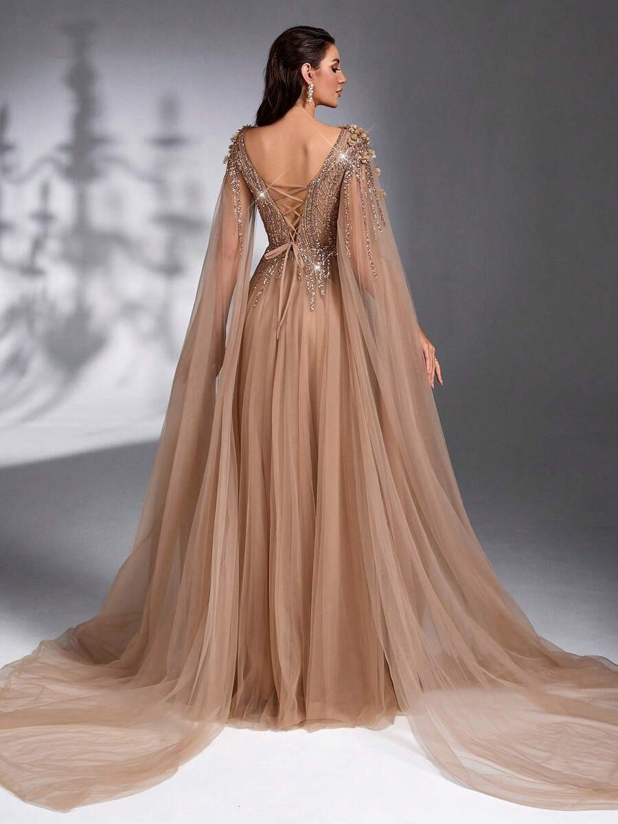 SD3175 Luxe Champagne Tulle Floral Gown