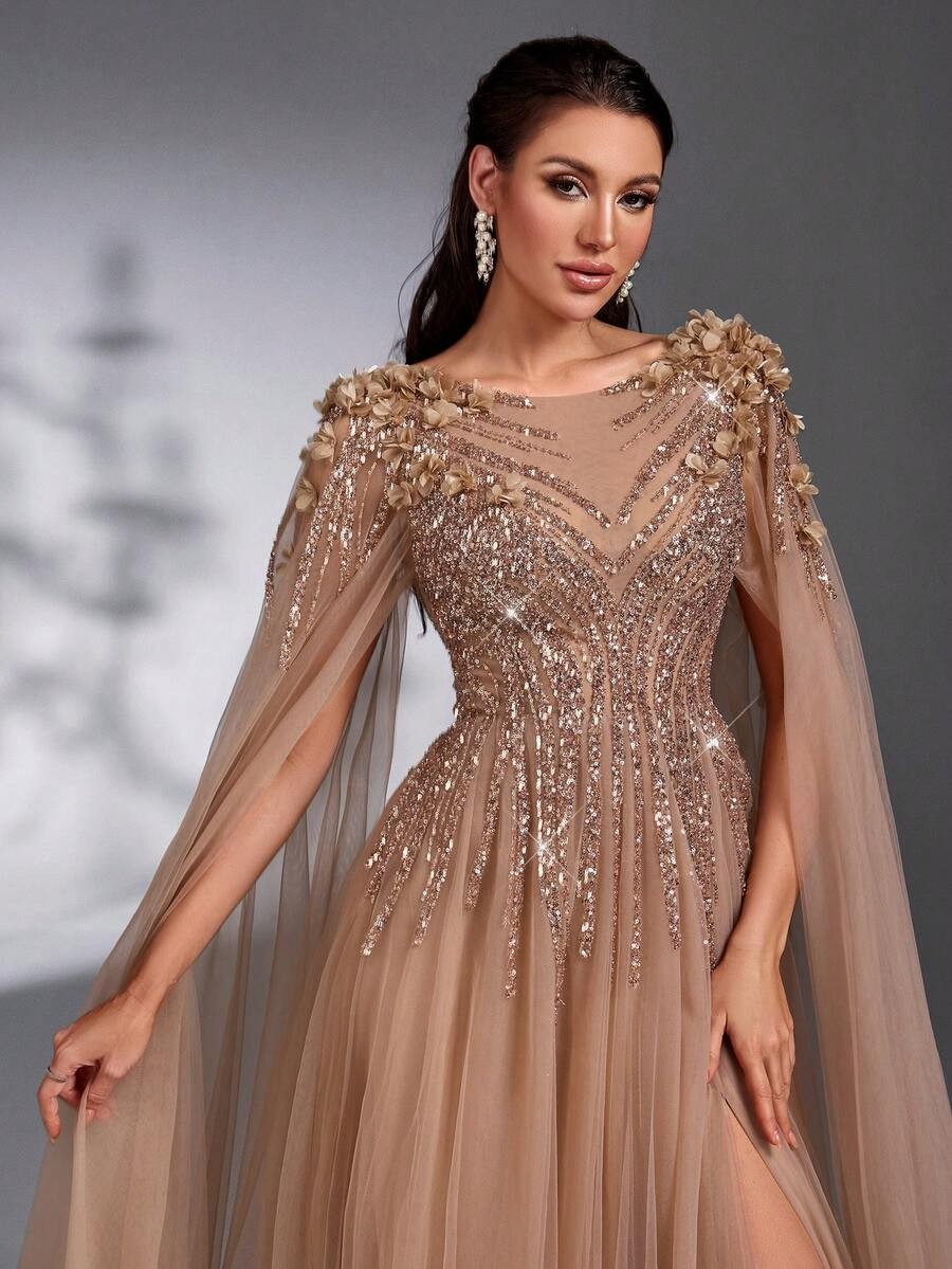 SD3175 Luxe Champagne Tulle Floral Gown