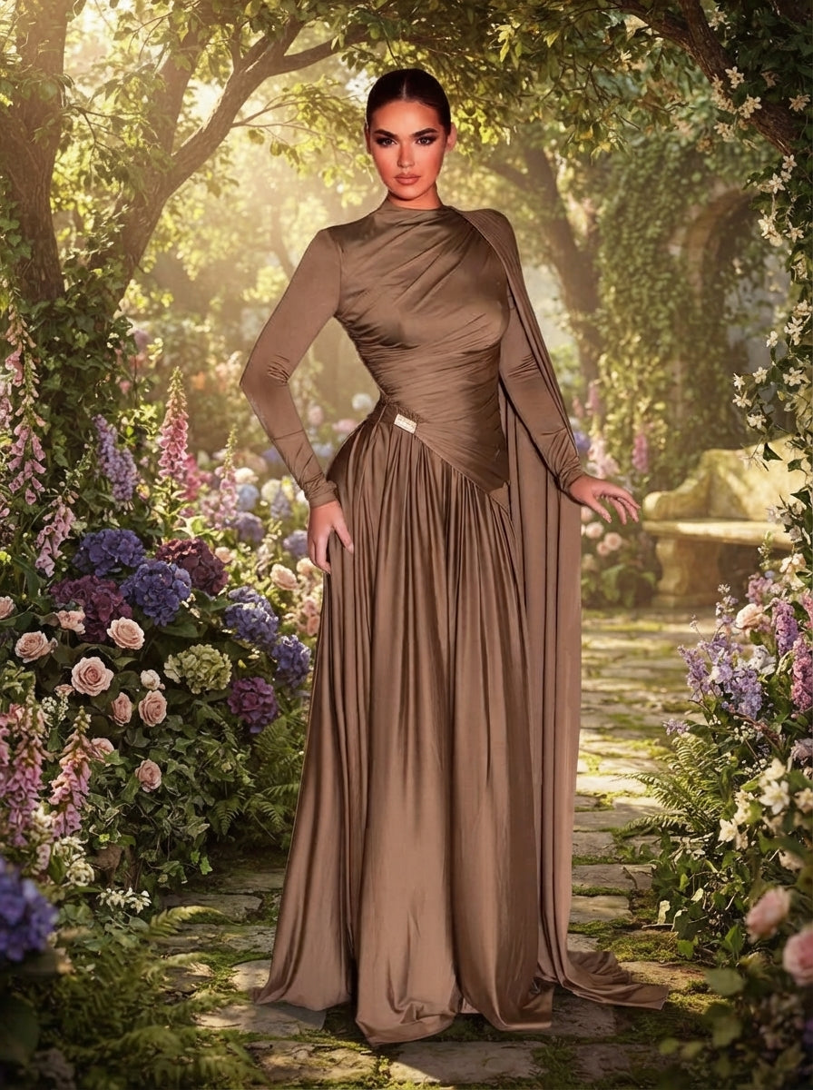 SDE3248 Mocha Grey-Brown Metallic Pleated Knit Evening Gown