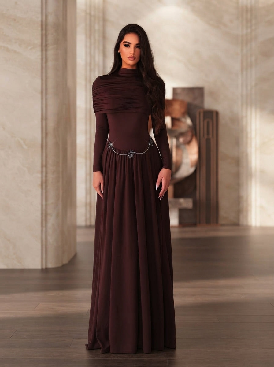 SDE3276 Deep Brown Stretch Knit Off-The-Shoulder Gown with Metallic Embellishments