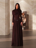 SDE3276 Deep Brown Stretch Knit Off-The-Shoulder Gown with Metallic Embellishments