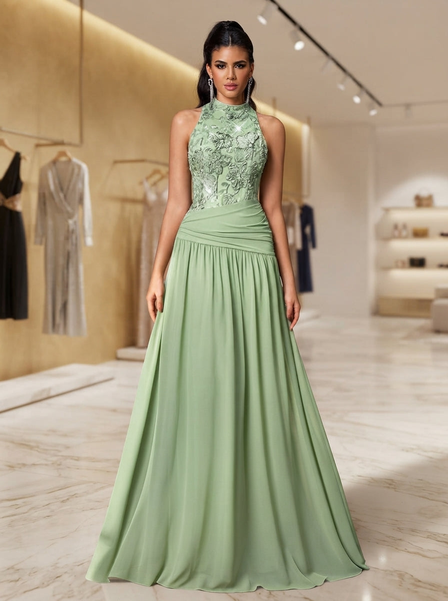 SDE3284 Luxury 3D Floral Sequin Asymmetric Pleated Gown