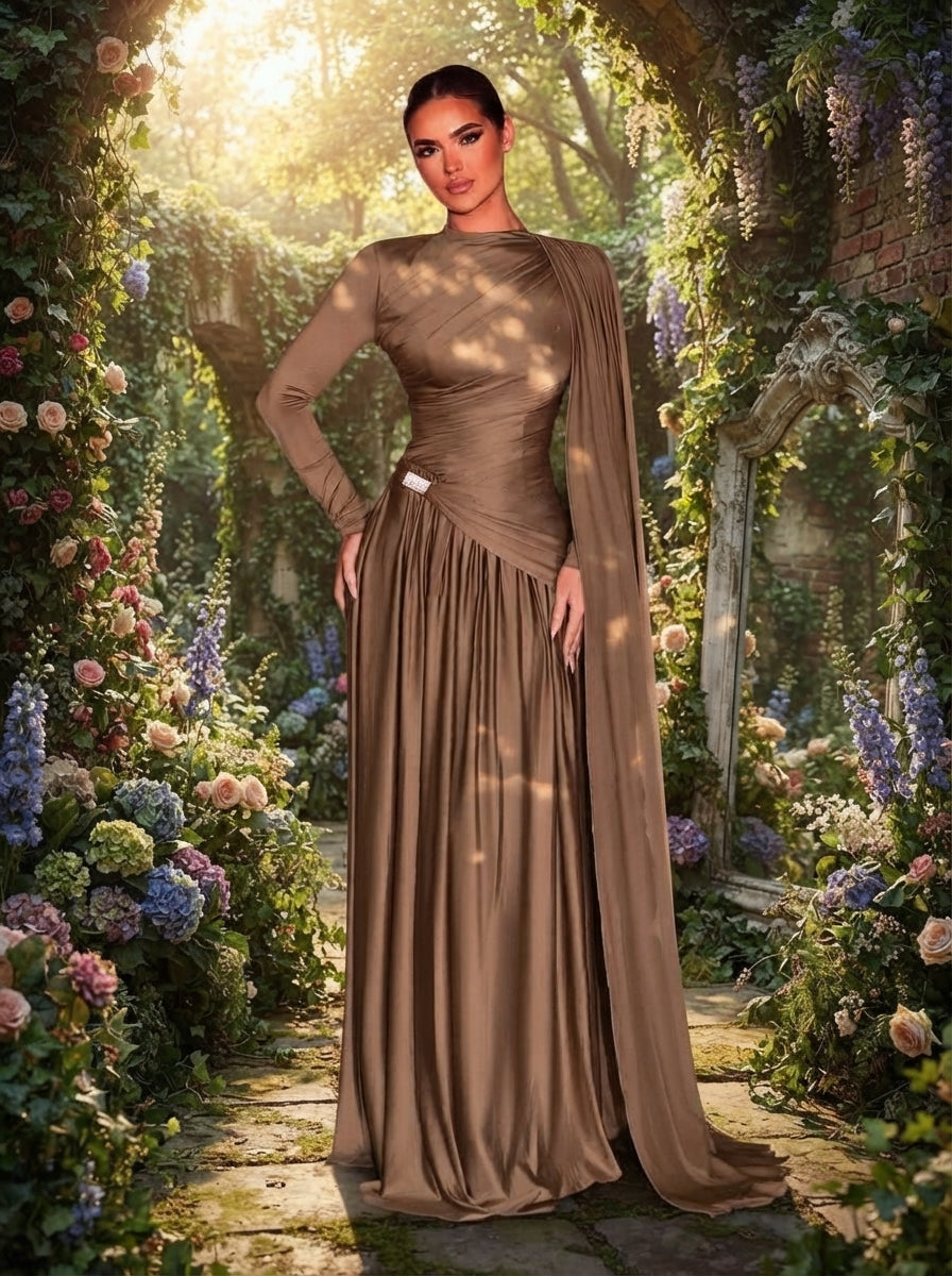 SDE3248 Mocha Grey-Brown Metallic Pleated Knit Evening Gown