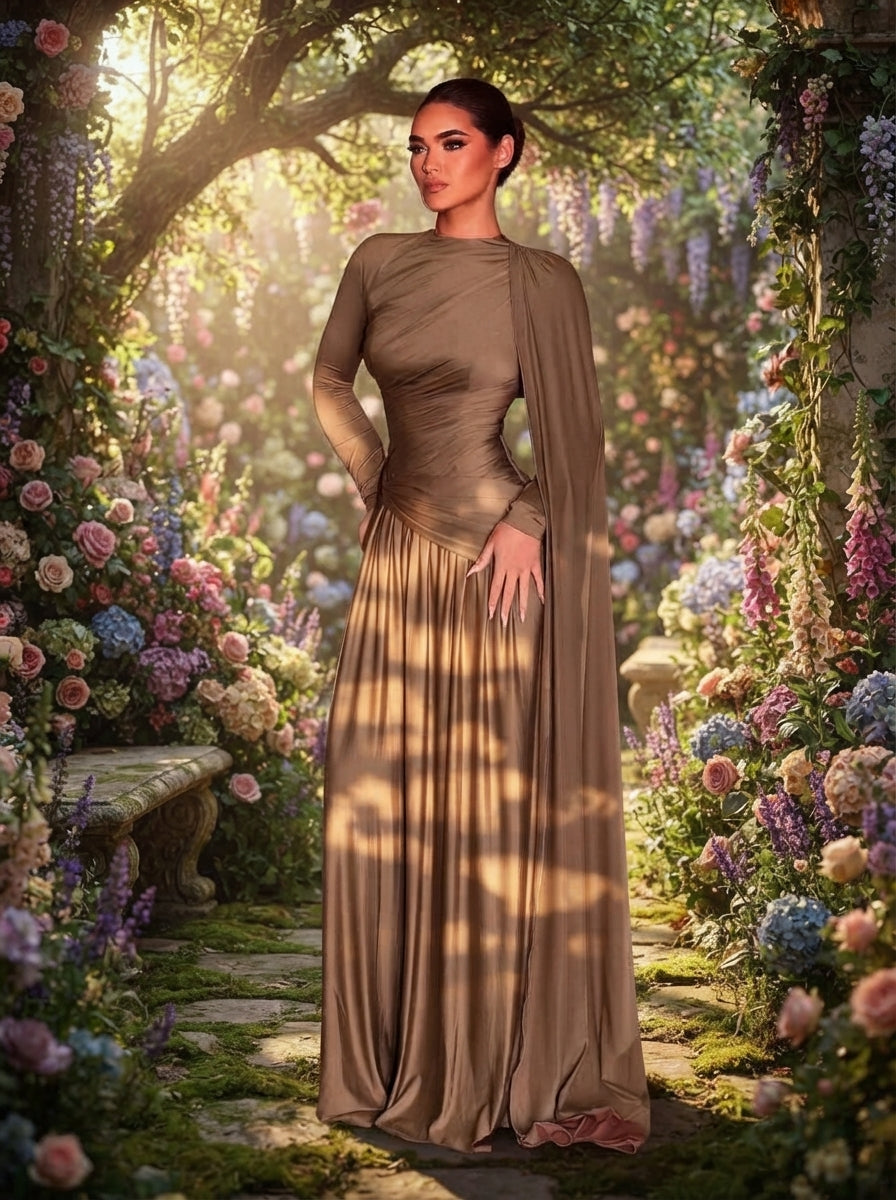 SDE3248 Mocha Grey-Brown Metallic Pleated Knit Evening Gown