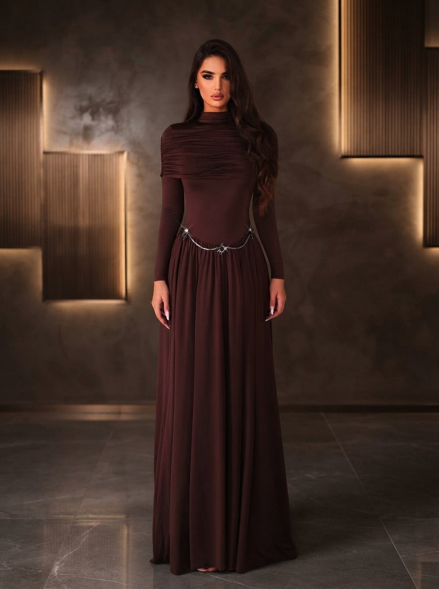 SDE3276 Deep Brown Stretch Knit Off-The-Shoulder Gown with Metallic Embellishments