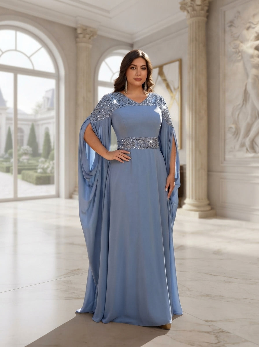 SDE3280 Plus Size Blue Sequin Asymmetrical A-Line Gown