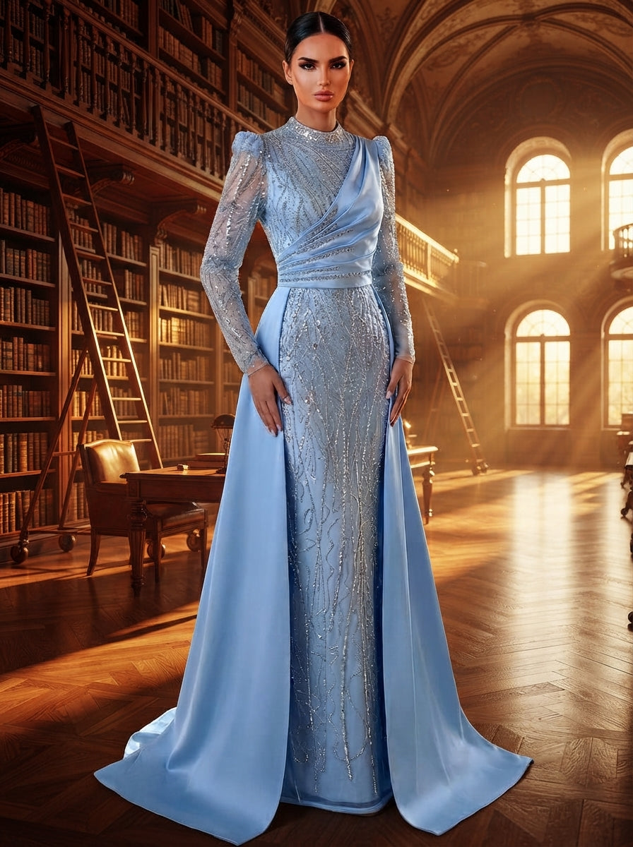 SDE3271 Luxury Beaded Embroidered Sequin Satin Fishtail Gown