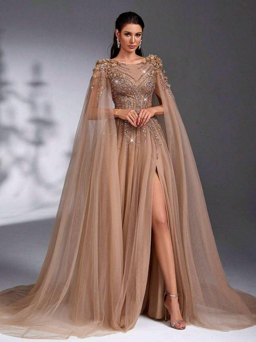 SD3175 Luxe Champagne Tulle Floral Gown