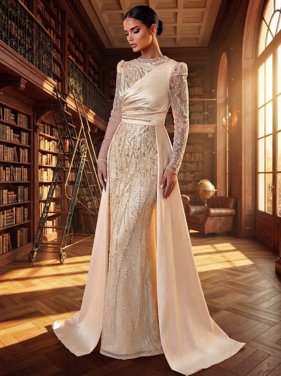SDE3271 Luxury Beaded Embroidered Sequin Satin Fishtail Gown