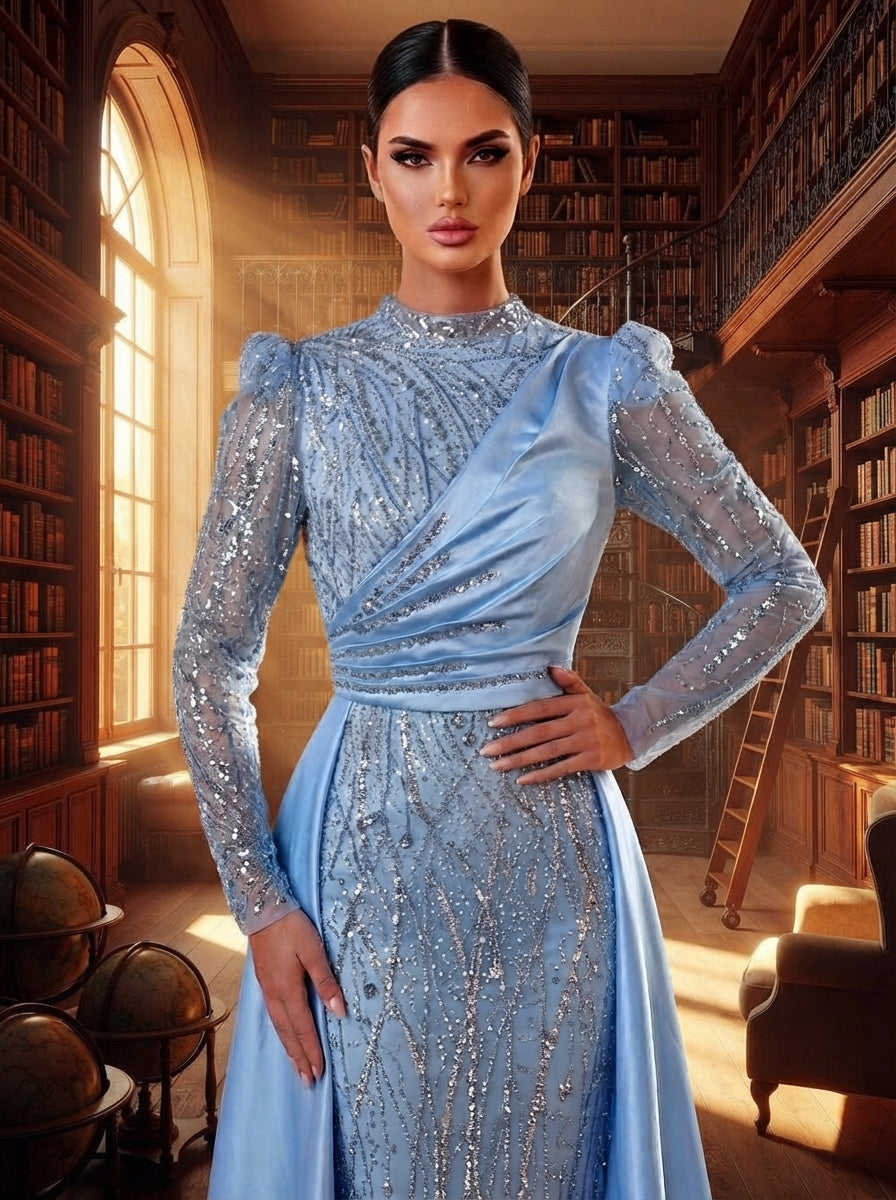 SDE3271 Luxury Beaded Embroidered Sequin Satin Fishtail Gown