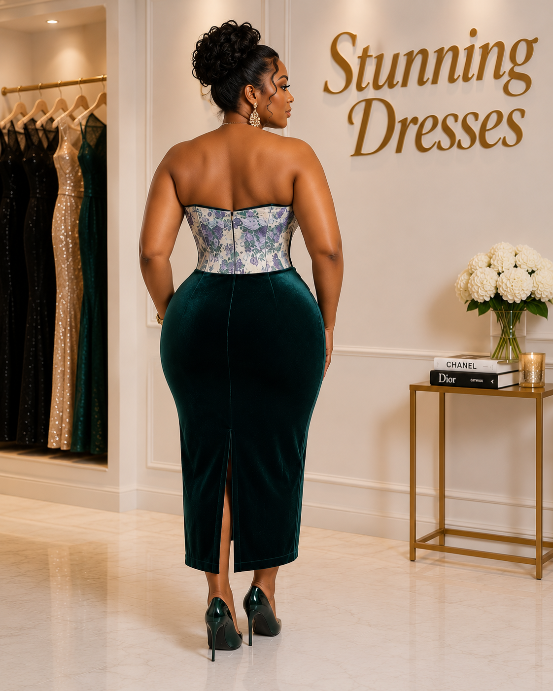 Plus Size Floral Corset Velvet Midi Dress in Black - back view