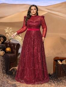 SD3246 Petite Stand Collar Beaded A-Line Gown - UK24 (4XL), Burgundy image