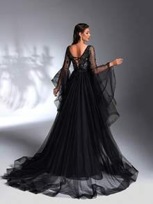 SD3196 Black Beaded Flare-Sleeve Trailing Gown image 2