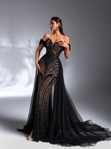 SD3271 Black & Gold Pearl Sequin Trailing Gown image 6