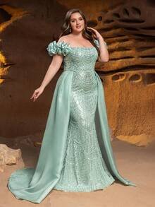 SD3233 Off-Shoulder Plus Floral Ruffle Gown image 2