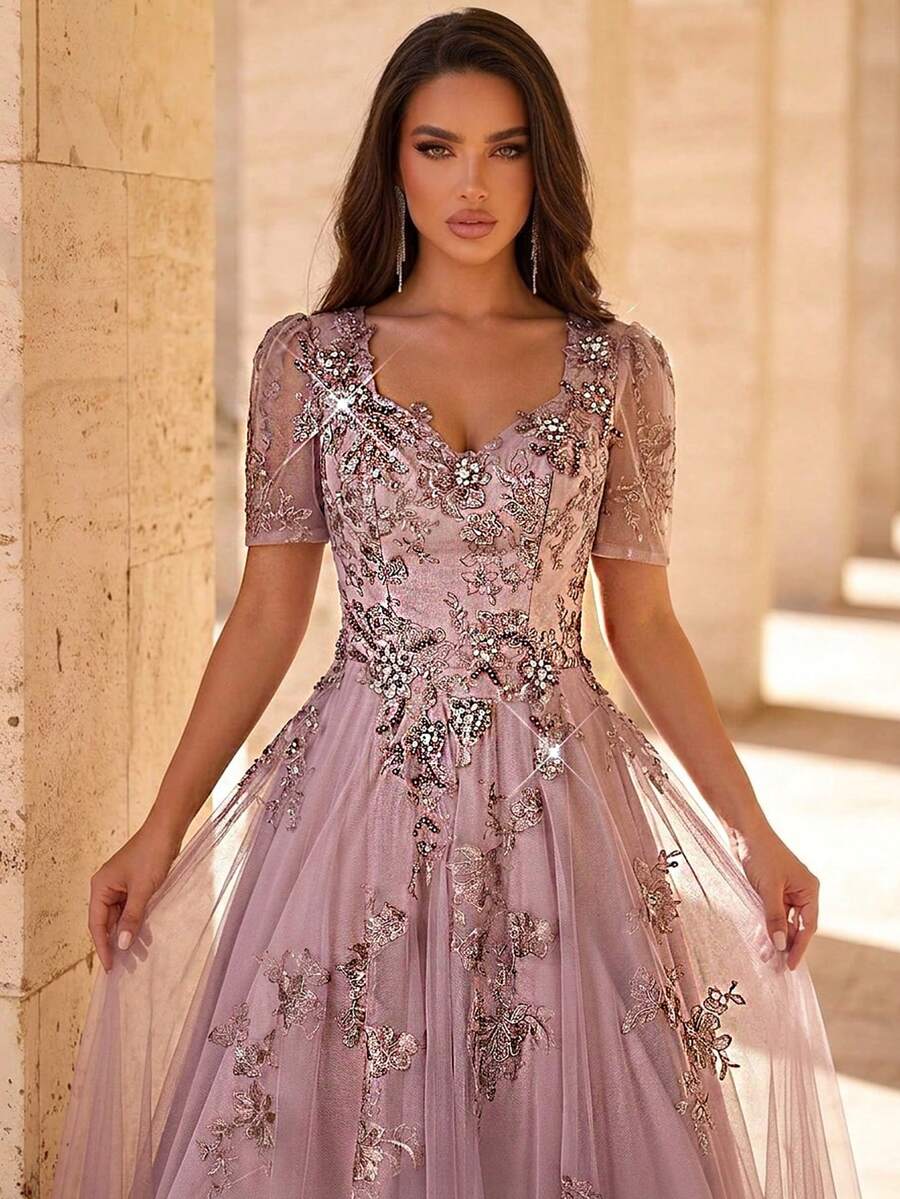SDE3255 Elegant Pearl Beaded Lace Mesh Flared Sleeve Dress