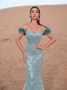 SD3219 Feather Accent Crystal Mermaid Gown image 1