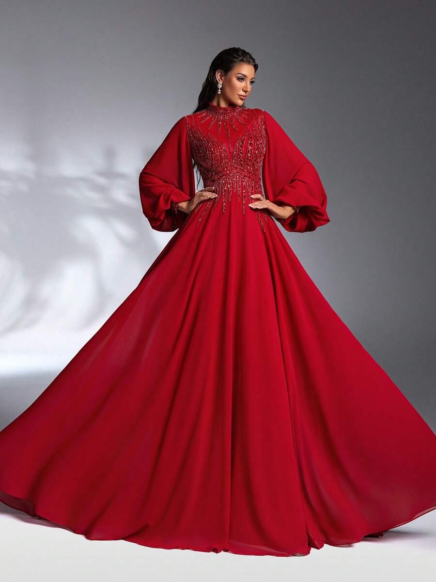 SD3264 Burgundy Stand Collar Lantern Sleeve Gown - Vibrant Ruby, UK16 image