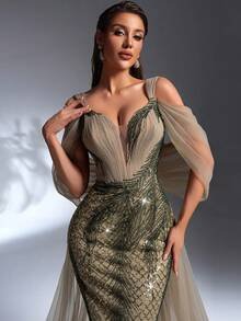 SD3268 Olive Green Sequin Beaded Ruffle Mermaid Gown - Elegant Beige, UK18 image