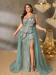 SD3242 One-Shoulder Emerald Beaded Gown with Tulle Overlay image 6
