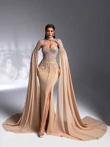 SD3269 Detachable 2-Piece Beaded Tube Top & Chiffon Gown - Dusky Peach, UK20 image