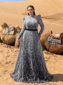 SD3246 Petite Stand Collar Beaded A-Line Gown image 2